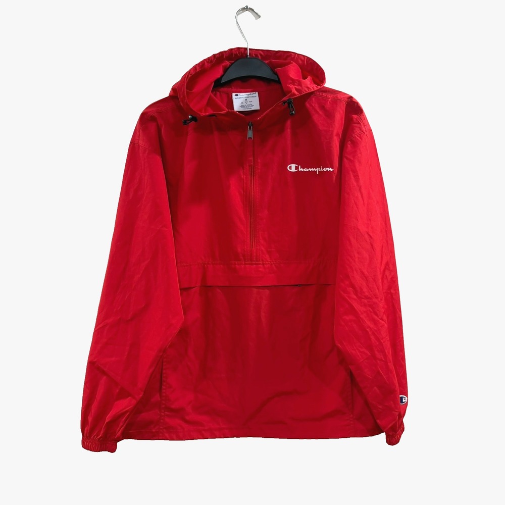 Champion Mens M Packable Water/Wind Resistant Jacket Logo Windbreaker Sunny Red